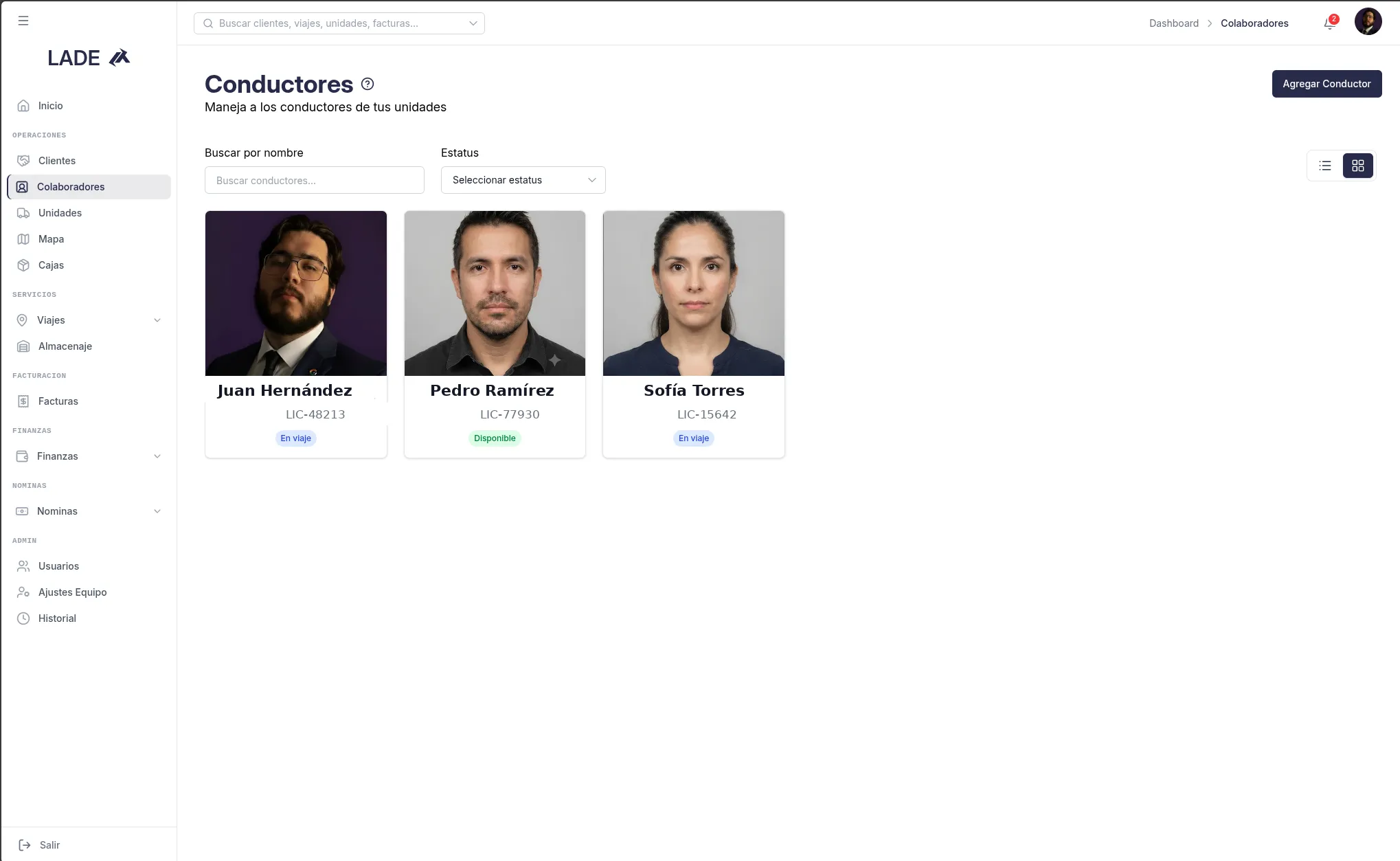 Listado de conductores con foto de perfil, licencia y estatus de disponibilidad