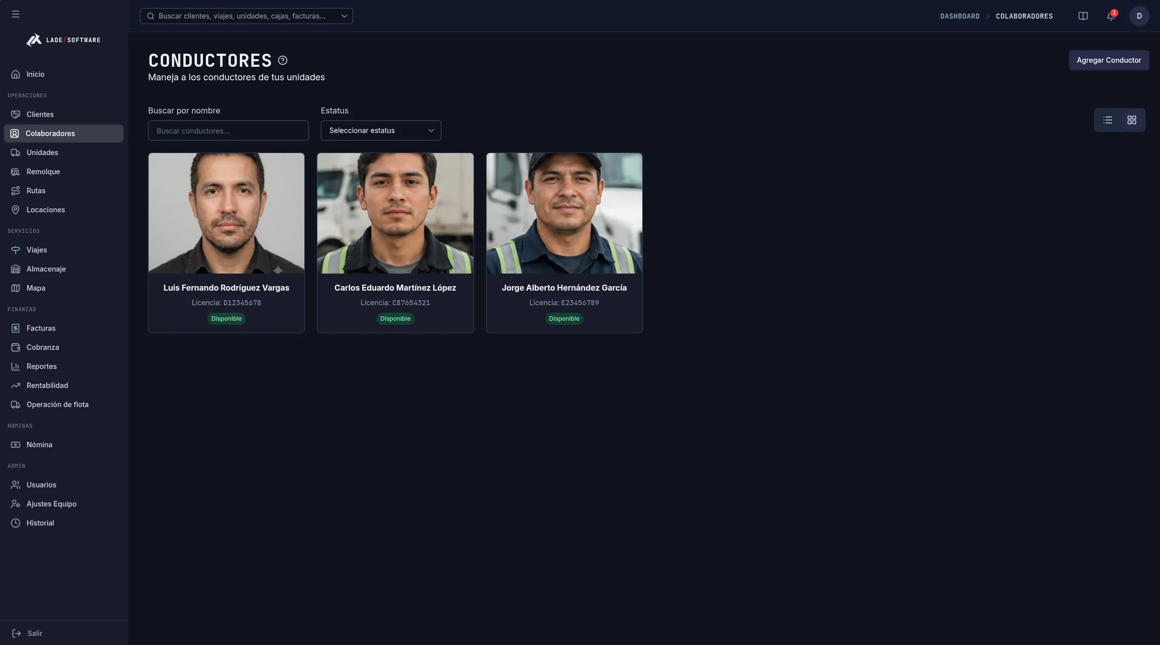 Listado de conductores con foto de perfil, licencia y estatus de disponibilidad