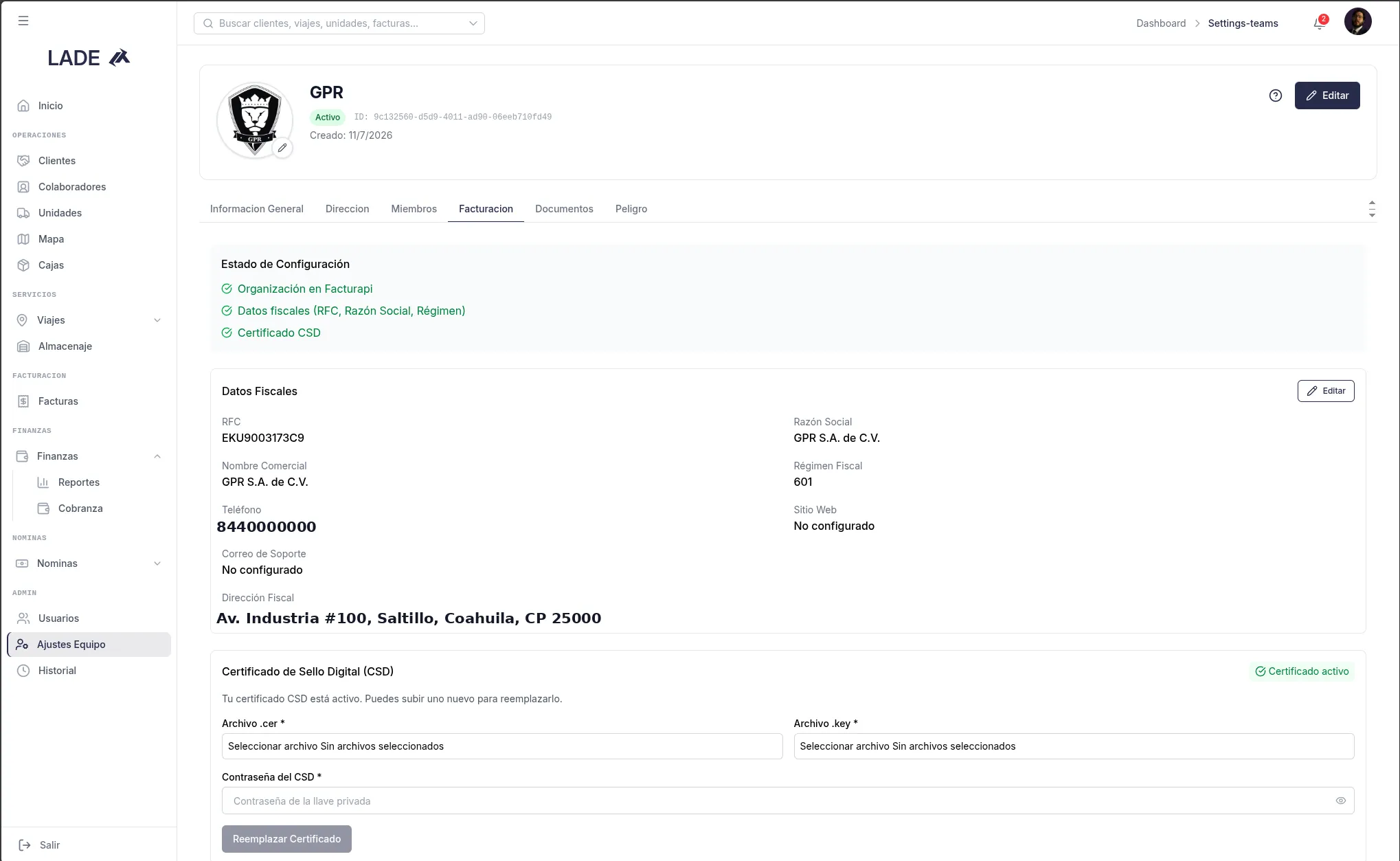 Configuración de facturación fiscal en LADE con organización en Facturapi, datos fiscales y certificado de sello digital activos