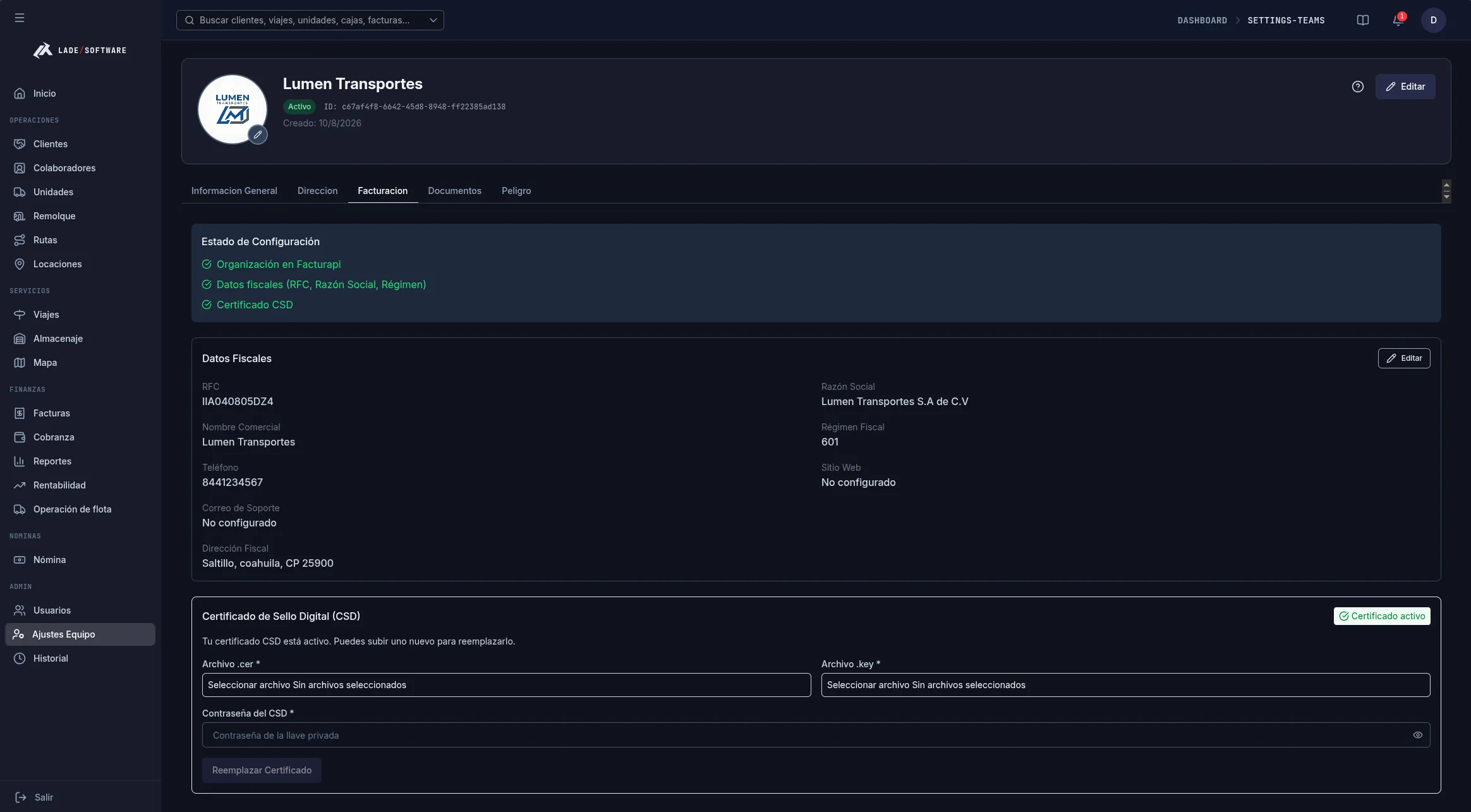 Configuración de facturación fiscal en LADE con organización en Facturapi, datos fiscales y certificado de sello digital activos