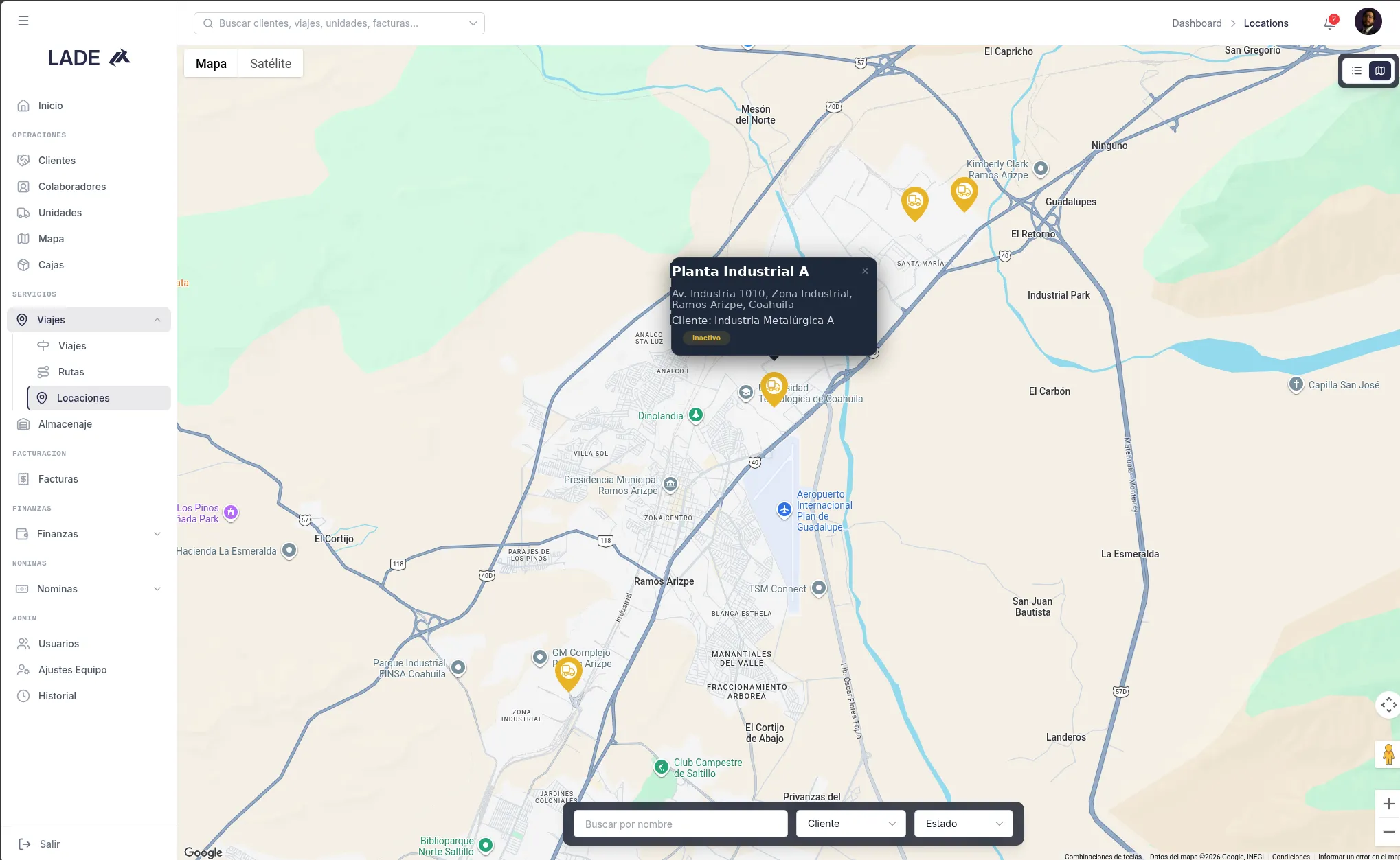 Vista de mapa con los puntos de ruta y ubicaciones de clientes geolocalizados