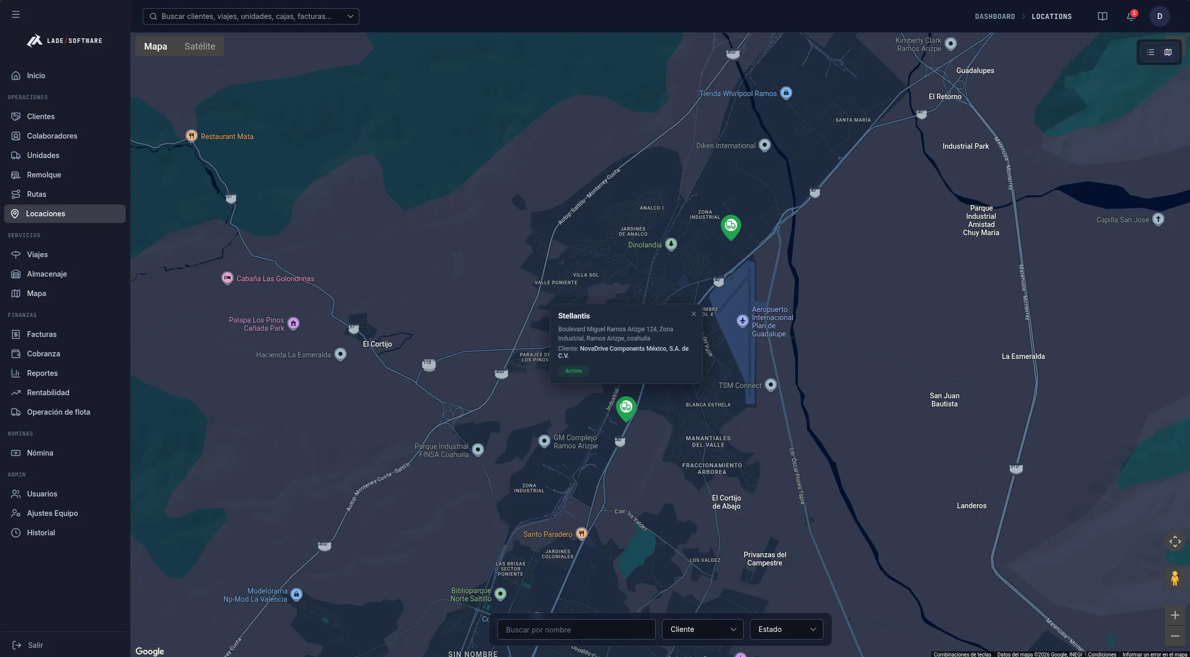 Vista de mapa con los puntos de ruta y ubicaciones de clientes geolocalizados