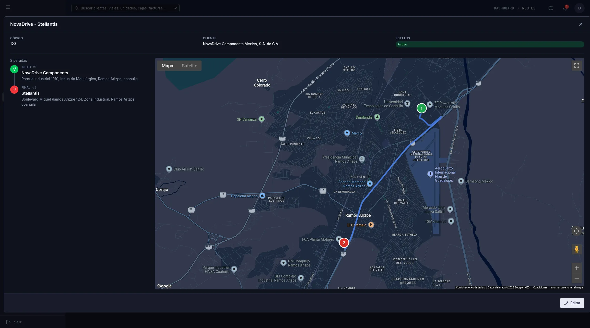 Mapa de operaciones mostrando un viaje en curso con las etapas de la ruta