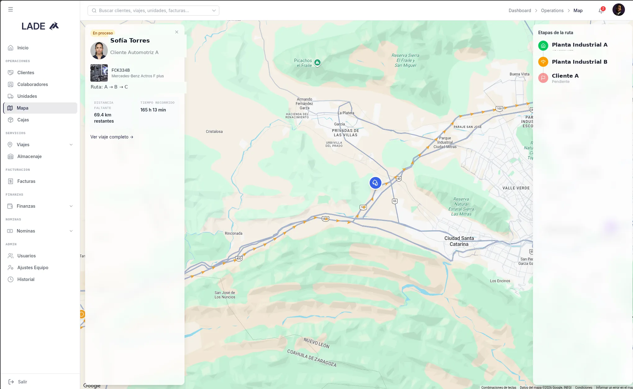 Mapa de operaciones mostrando un viaje en curso con las etapas de la ruta